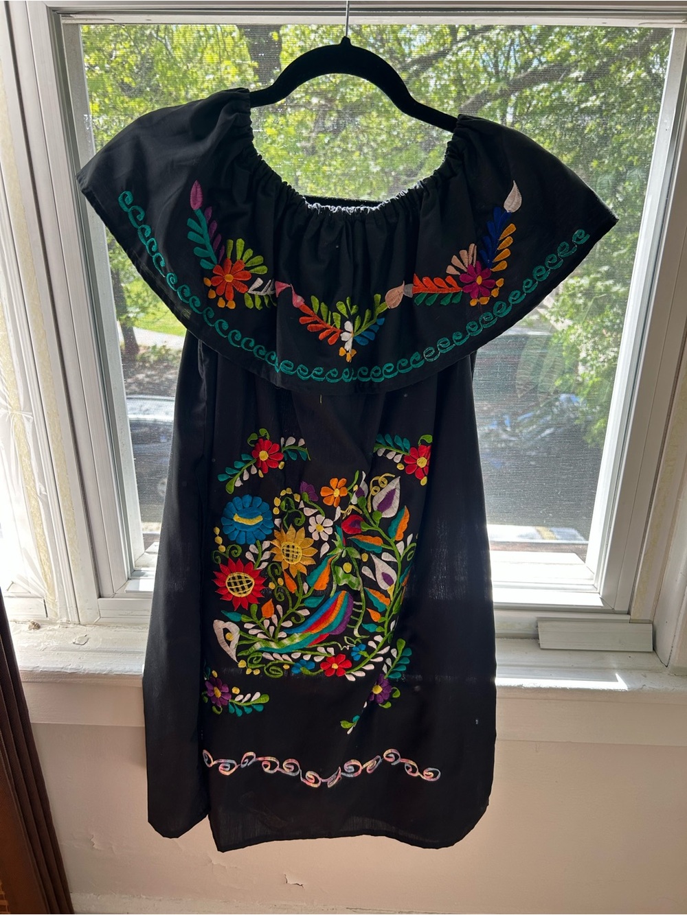 FRIDA -Black Embroidered Off-Shoulder Mexican Dress with Colorful Floral Motif